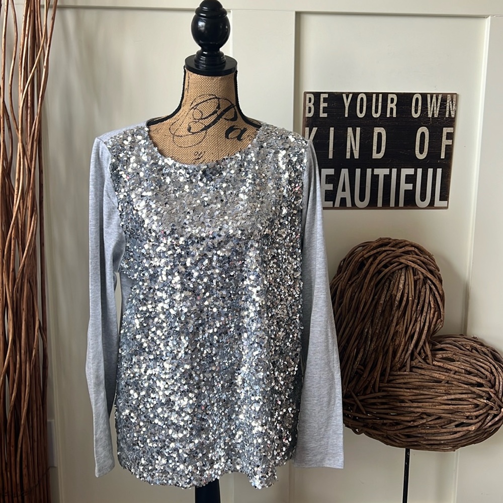 Talbots Gray Sequined Front lLong Sleeve Tee Shirt